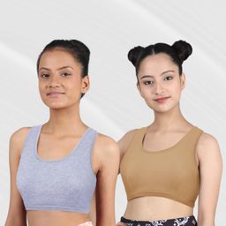 D'chica Set Of 2 Solid Colour Non Wired Non Padded Bra - Grey & Beige-image-1