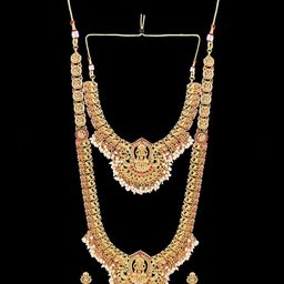 JANAVI Gold-Plated Artificial Stones Studded & Beaded Statement Necklace With Earrings-image-17