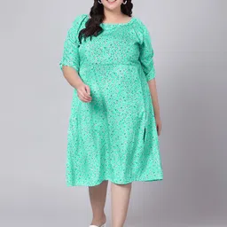 Indietoga Women Plus Size Floral Printed Puff Sleeve Fit & Flare Slit Dress-image-10