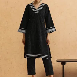 STYLEBAAZI Striped Embroidered Thread Work V-Neck Pure Cotton Kurta With Trousers-image-87