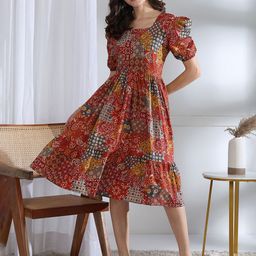 Tzelynn Women Square Neck Puff Sleeve Cotton Fit & Flare Dress-image-43