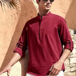 Yugnik Band Collar Roll-Up Sleeves Pure Cotton Slim Fit Short Kurta-picture-17