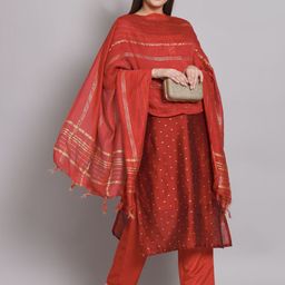 VredeVogel Geometric Woven Design Gotta Patti Chanderi Silk Kurta With Trousers & Dupatta-15