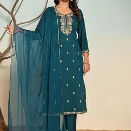 SUAAC Women Ethnic Motifs Embroidered Regular Thread Work Kurta with Trousers & With Dupatta-0
