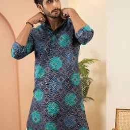 Shasak Bandhani Foil Printed Mandarin Collar Straight Cotton Kurta-image-4