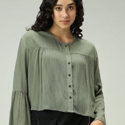 Outzidr Women Mandarin Collar Bell Sleeve Cotton Shirt Style Top-image-51