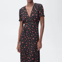 MANGO Floral Print A-Line Side Slit Midi Dress-image-85