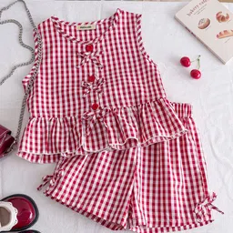 INCLUD Girls Checked Sleeveless Peplum Top With Shorts-image-46