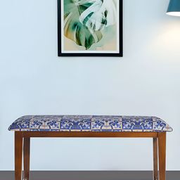 GLOBALLY INDIAN Blue & White Sheesham Wooden Cushioned Rectangle Bench-39