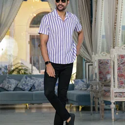 AKS Men Spread Collar Vertical Striped Cotton Casual Shirt-image-54