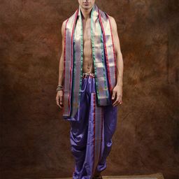 Exotic India Men Art Silk Ready to Wear Dhoti and Veshti Set with Woven Golden Border-image-96