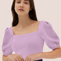 BerryBird Square Neck Puff Sleeve Knitted Top-image-80