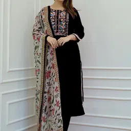 BAESD Floral Yoke Design Round Neck Straight Kurta With Trousers & Dupatta-picture-48