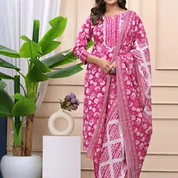 Shivaradhya Designers Women Floral Printed Thread Work Pure Cotton Kurta Set With Dupatta-picture-23