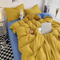 JC HOME Blue & Mustard Solid Polycotton 4 Piece Single Regular Bedding Set-picture-25