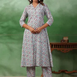 Sangria Off-White And Blue Floral Printed Shirt Collar A-Line Pure Cotton Kurta Set-image-1