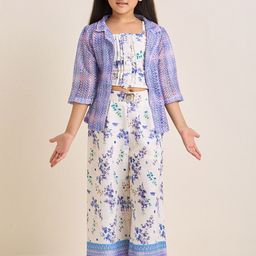 ZIP ZAP ZOOP Girls Floral Printed Pure Cotton Top & Trousers With Jacket Clothing Set-image-87