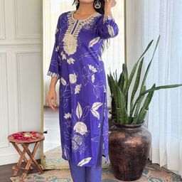 DIVASTRI Floral Printed Thread Work Straight Kurta With Trousers image 3