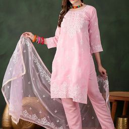HERE&NOW Floral Embroidered Straight Thread Work Kurta With Salwar And Dupatta-picture-36