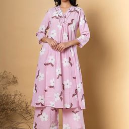 Readiprint Fashions Floral Printed Pleated V-Neck Pure Cotton A-Line Kurta With Palazzos-picture-50