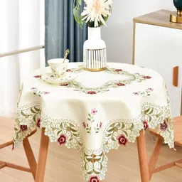 TANLOOMS Cream-Coloured Floral Round 4-Seater Table Cover with Embroidered details-32