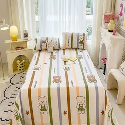 JC HOME Cream-Coloured & Blue Striped 140 TC Single Bedsheet with 1 Pillow Covers-image-63