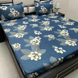 Pure Decor Blue & Yellow Floral Queen Bedsheet with 2 Pillow Covers-image-61