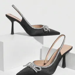 PURPLEHUNT Embellished PU Slim Heeled Pumps with Bows-13