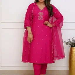 KALINI Floral Embroidered Thread Work Chanderi Silk Kurta With Trousers & Dupatta-image-79