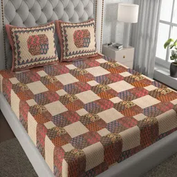 UNIQCHOICE Red & Yellow Geometric Cotton 120 TC Queen Bedsheet Set 2.35 m x 2.15 m-22