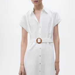 MANGO Lace Insert Detail Extended Sleeves Pure Linen Midi Shirt Dress with Belt-image-57