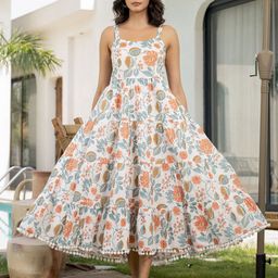 BAESD Women Floral Printed with Pom-Pom Detail Cotton Fit & Flare Midi Dress-image-39
