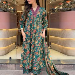 DIVASTRI Floral Printed V-Neck Mirror Work Kurta With Palazzos & Dupatta-image-19