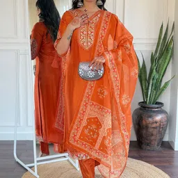 KALINI Floral Embroidered Chanderi Silk V-Neck Straight Kurta With Trousers And Dupatta-22