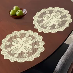 Aura Cream Colored 2 Pieces Self-Design Cotton Round Shape Table Placemats-picture-5