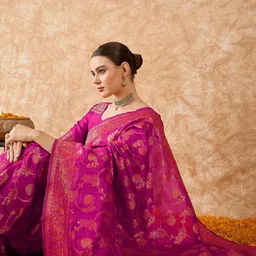 DEVATITHI Ethnic Motifs Zari Pink Banarasi Silk Saree-image-4