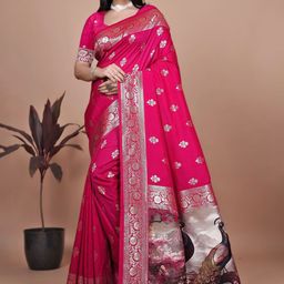 DAATAR Ethnic Motifs Zari Woven Design Banarasi Saree-image-10