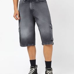 Bewakoof Men Light Grey Washed Baggy Fit Cotton Cargo Shorts-image-45
