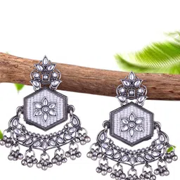 MEENAZ Silver-Plated Oxidised Stone Studded & Beaded Contemporary Shaped Drop Earrings-image-84