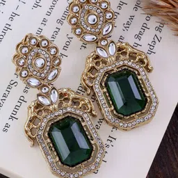 SHONA'S STYLE Brass-Plated Garnet Studded Octagon Shaped Drop Earrings-image-35