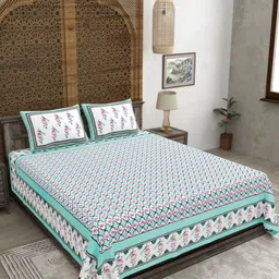 CLOTHOLOGY White & Sea Green Floral 180 TC King Bedsheet with 2 Pillow Covers-picture-0