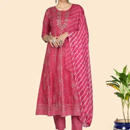 KALINI Bandhani Printed Round Neck A Line Pure Cotton Kurta With Trousers & Dupatta-1