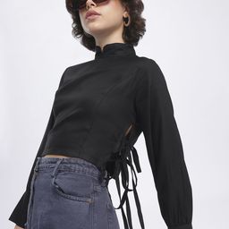 glitchez Lace-Up Play Crop Twill High Neck Crop Top-image-72