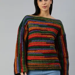 Magic Needles Striped Boat Neck Acrylic Pullover-image-25