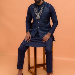 KISAH Straight Kurta with Trousers & Embroidered Nehru Jacket-image-56