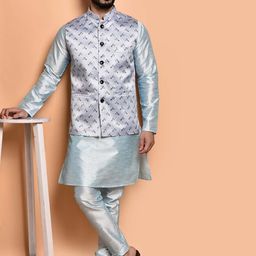 PRINTINDIA Mandarin Collar Pure Silk Kurta with Trouser & Jacket-image-74