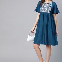 HERE&NOW Navy Blue & Off White Ethnic Motifs A-Line Dress-picture-49