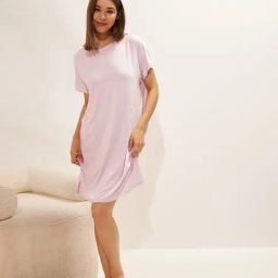 Sweet Dreams Pink Modal Solid Short sleeve Night Dress-picture-20