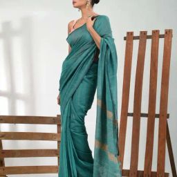 CHARUKRITI Green Cotton Striped Saree With Unstitched Blouse-image-56