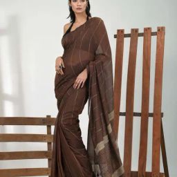 CHARUKRITI Brown Cotton Striped Saree With Unstitched Blouse-picture-4
